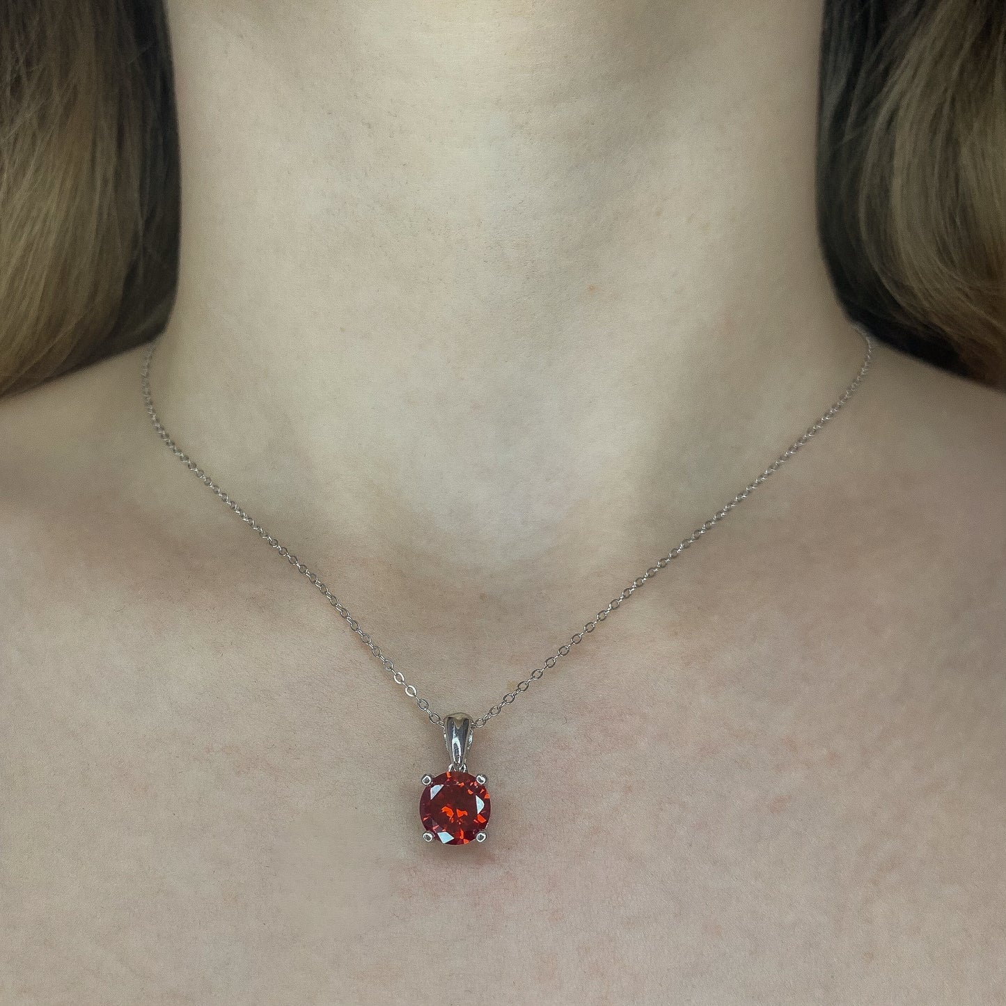 Sterling Silver Rhodium Plated Red CZ Pendant Necklace