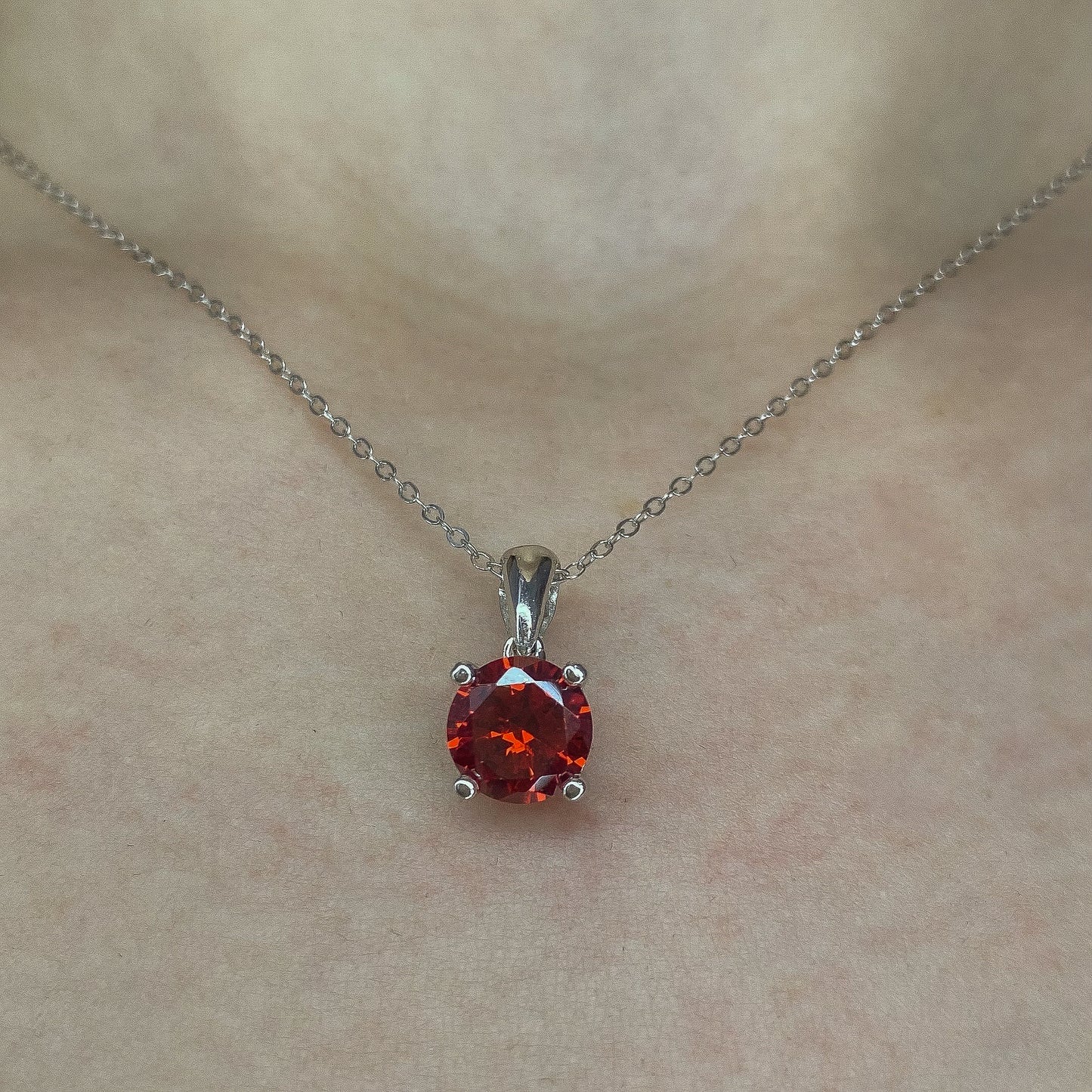 Sterling Silver Rhodium Plated Red CZ Pendant Necklace