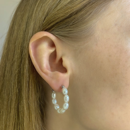 Sterling Silver Rhodium Plated Pearl Hoops