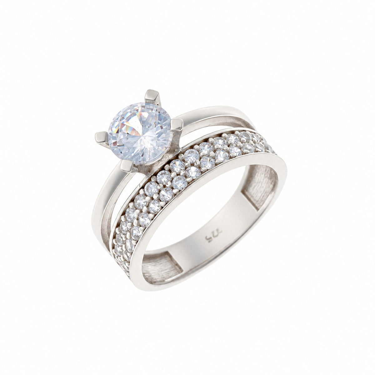Silver Rhodium Plated Double Row CZ Band Ring
