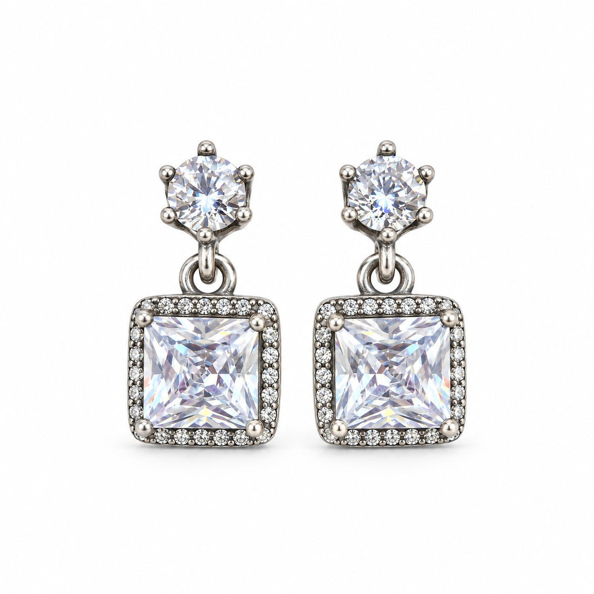 Sterling Silver Rhodium Plated CZ Drop Earrings