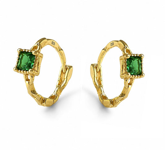 Sterling Silver Gold Plated 11 mm Hoops with Green CZ
