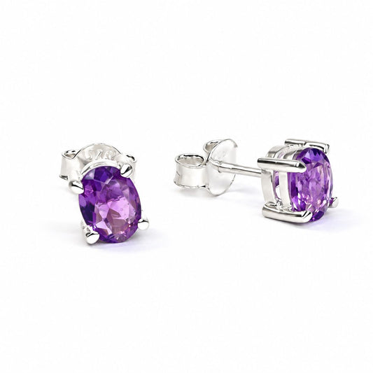 Sterling Silver Oval Amethyst Studs