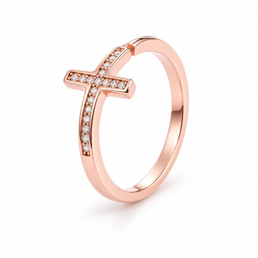 Sterling Silver Rose Gold Plated CZ Cross Ring