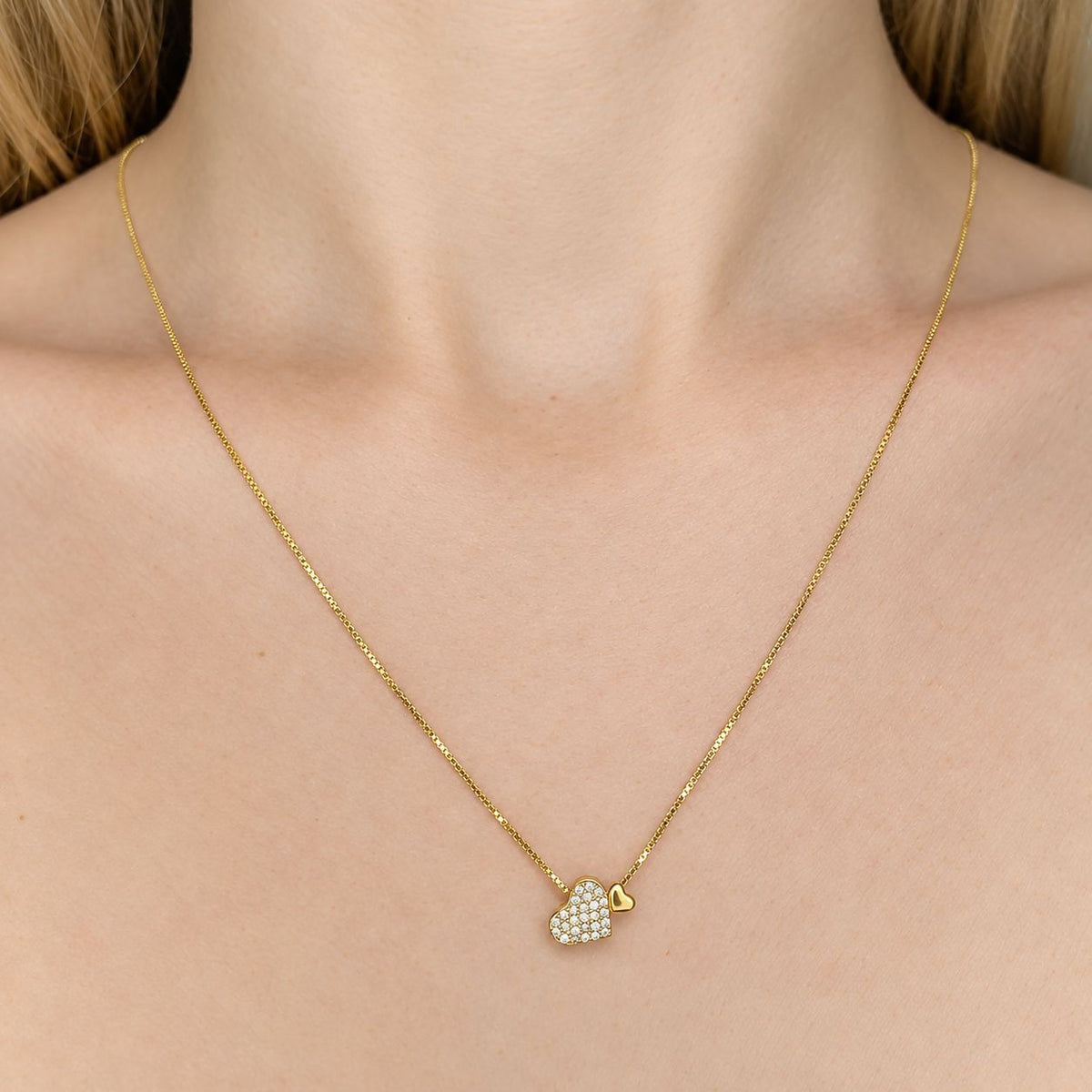 Sterling Silver Gold Plated CZ Hearts Pendant Necklace