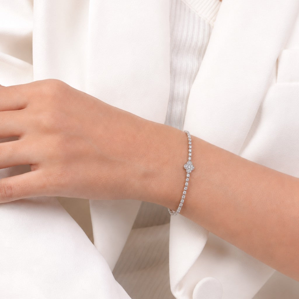 Sterling Silver Rhodium Plated Clover Tennis Bracelet