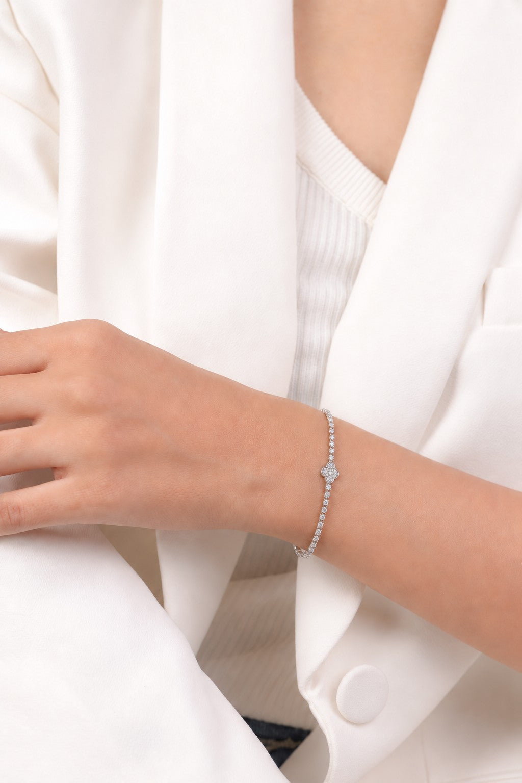 Sterling Silver Rhodium Plated Clover Tennis Bracelet