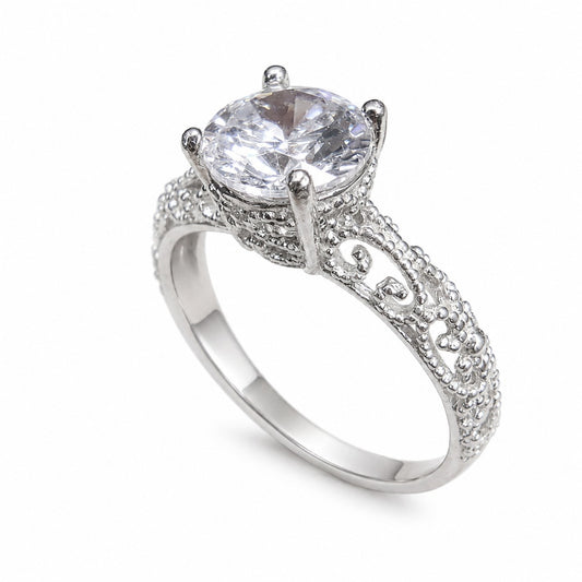 Silver Rhodium Plated Openwork CZ Crystal Ring
