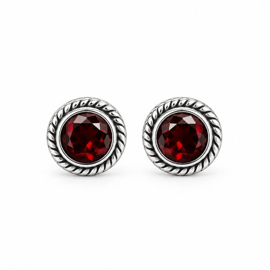 Sterling Silver Round Garnet Studs