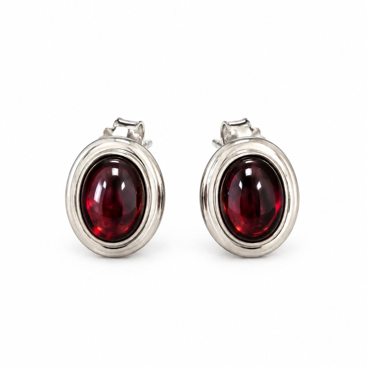 Sterling Silver Oval Garnet Studs