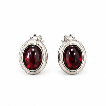 Sterling Silver Oval Garnet Studs