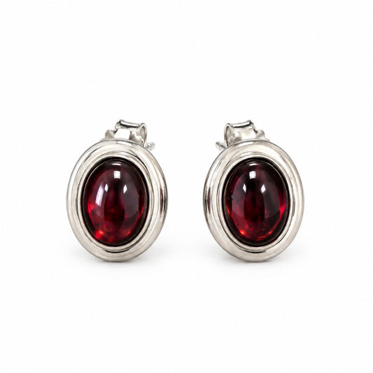 Sterling Silver Oval Garnet Studs