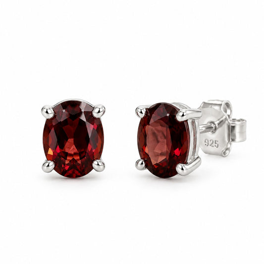 Sterling Silver Oval Garnet Studs