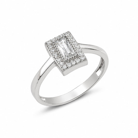 Sterling Silver Rhodium Plated Rectangle CZ Ring