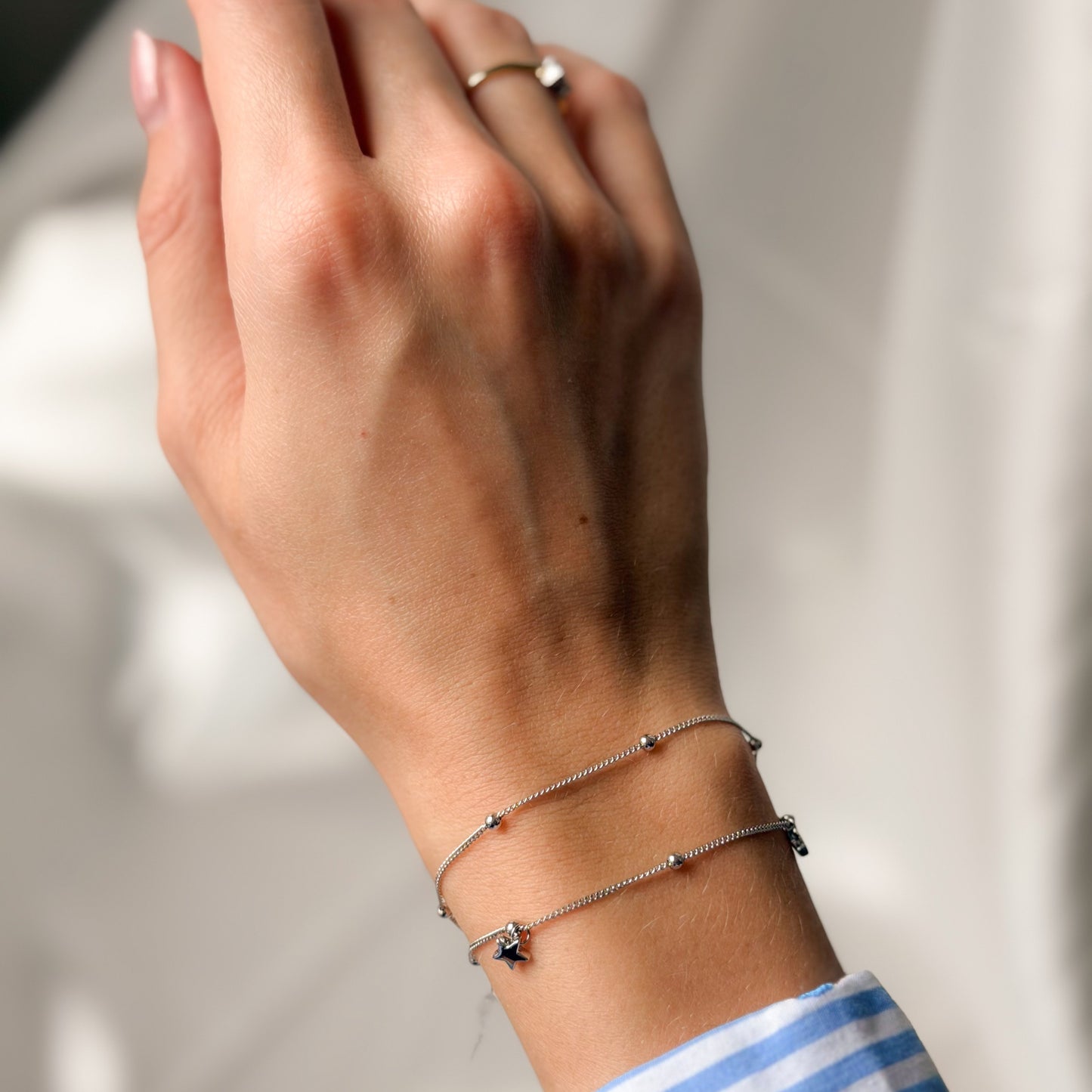 Sterling Silver Rhodium Plated Star Double Chain Bracelet