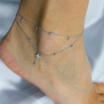 Sterling Silver Rhodium Plated Butterfly Anklet