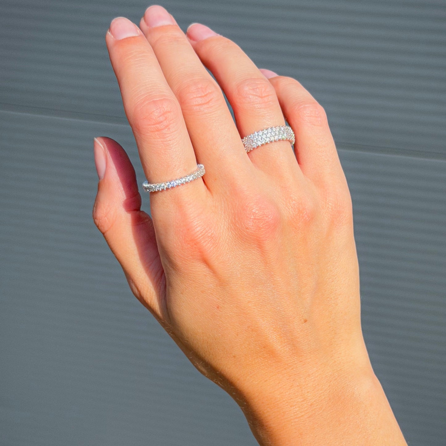 Sterling Silver Rhodium Plated Three Row CZ Band Ring