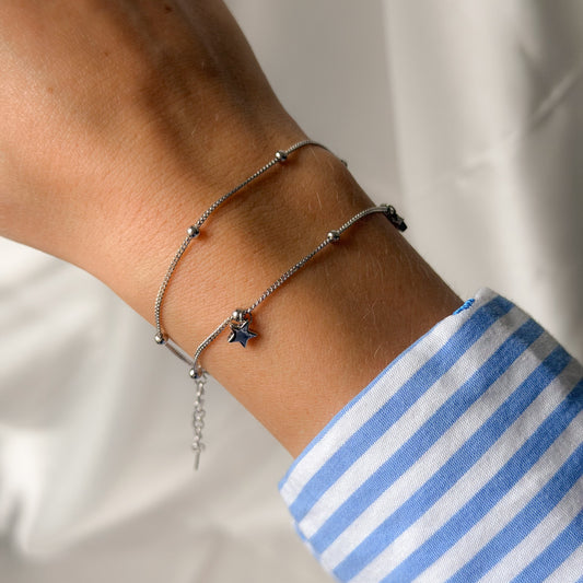 Sterling Silver Rhodium Plated Star Double Chain Bracelet