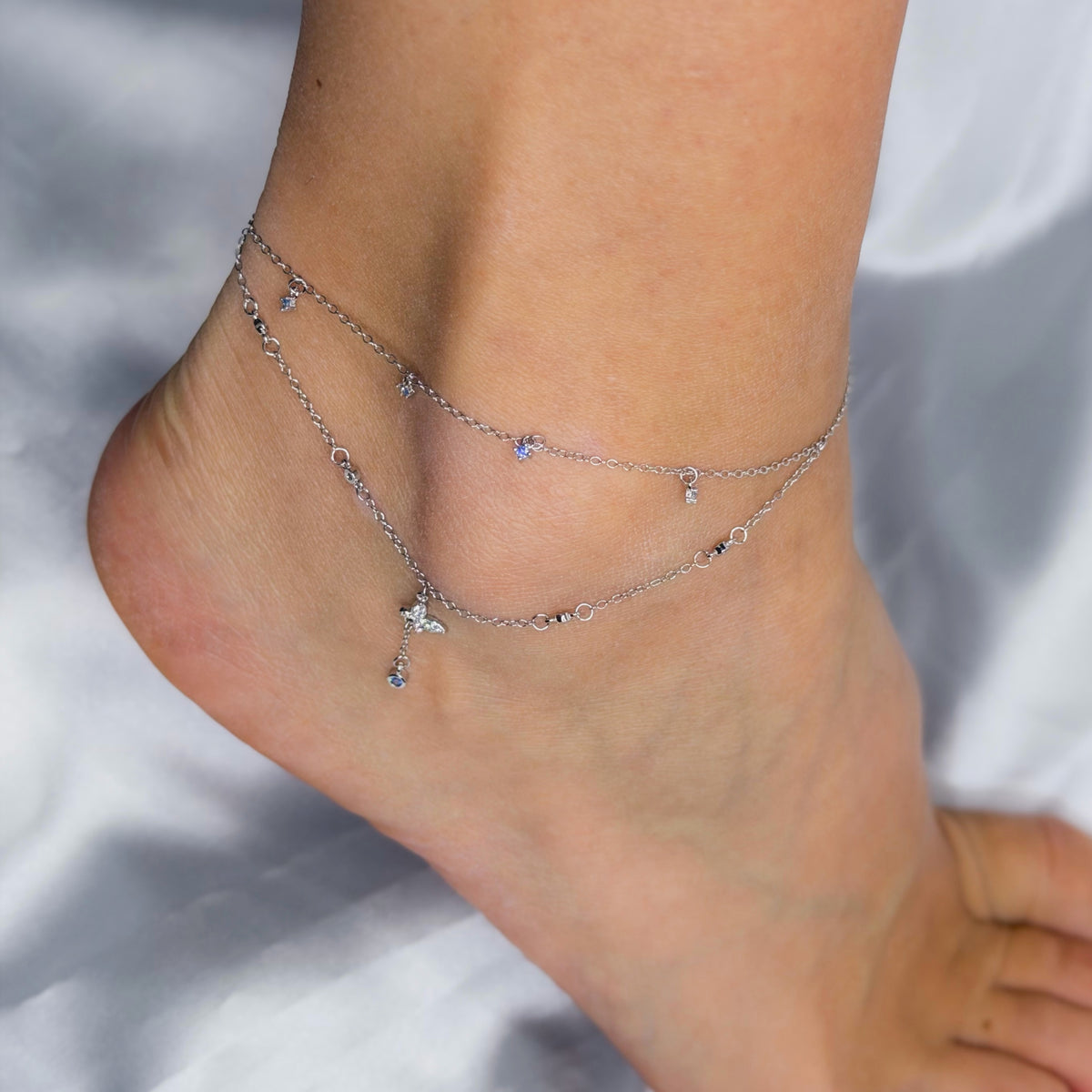 Sterling Silver Rhodium Plated Butterfly Anklet