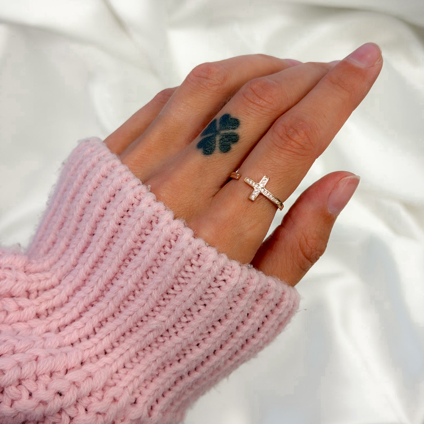 Sterling Silver Rose Gold Plated CZ Cross Ring