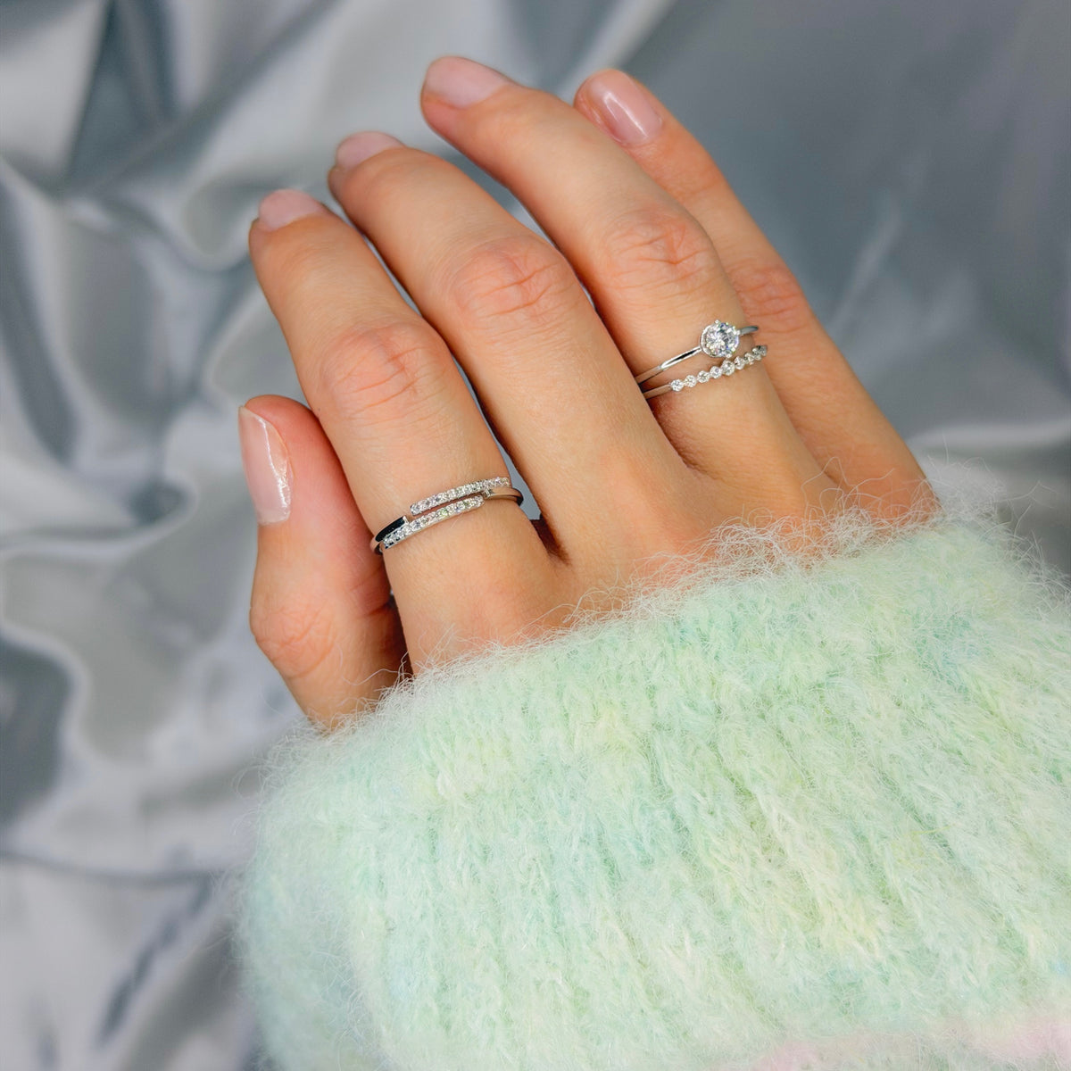 Sterling Silver Rhodium Plated Adjustable CZ Ring