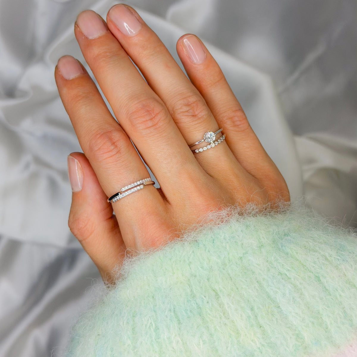 Sterling Silver Rhodium Plated Adjustable CZ Ring