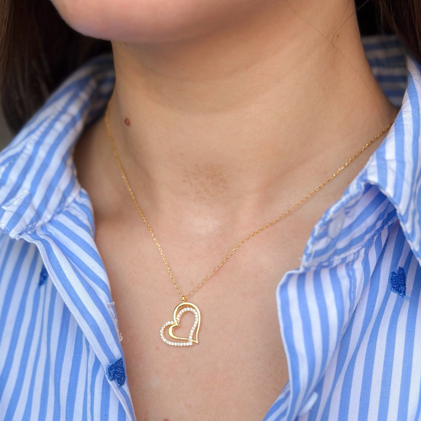 Sterling Silver Gold Plated CZ Heart Pendant Necklace