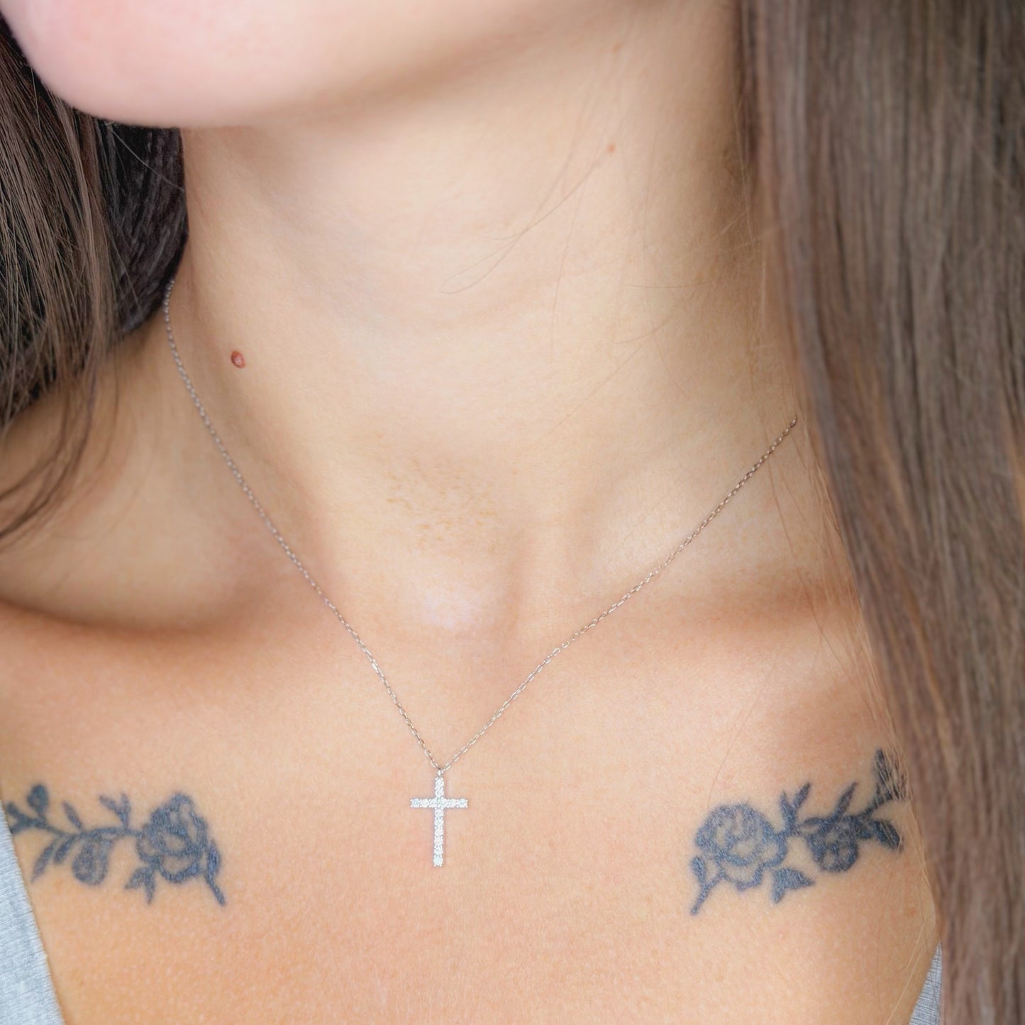 Sterling Silver Rhodium Plated CZ Cross Necklace