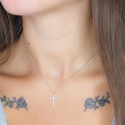 Sterling Silver Rhodium Plated CZ Cross Necklace