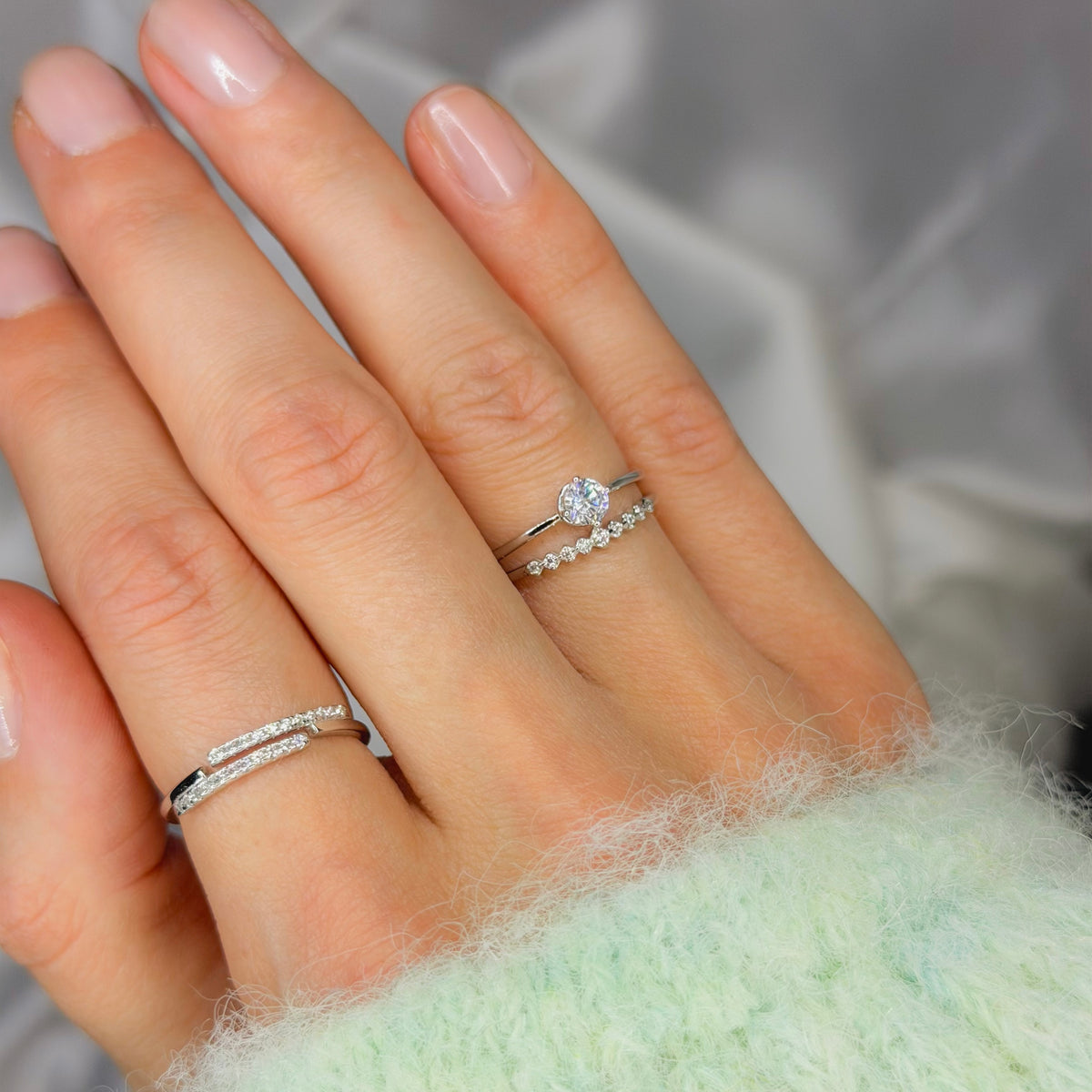 Sterling Silver Rhodium Plated Adjustable CZ Ring