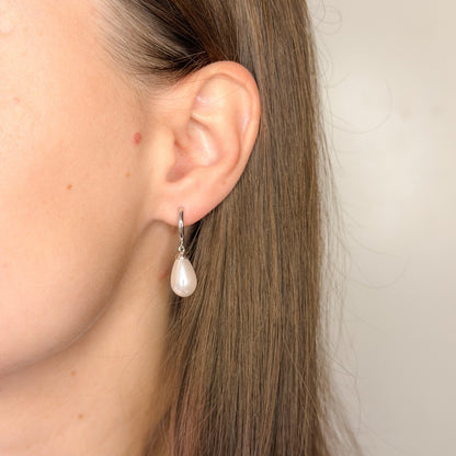 Sterling Silver Rhodium Plated Hoops with Pearl Charms