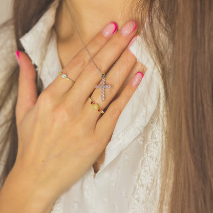 Sidabrinis auksuotas žiedas su opalu ir cirkonio kristalais