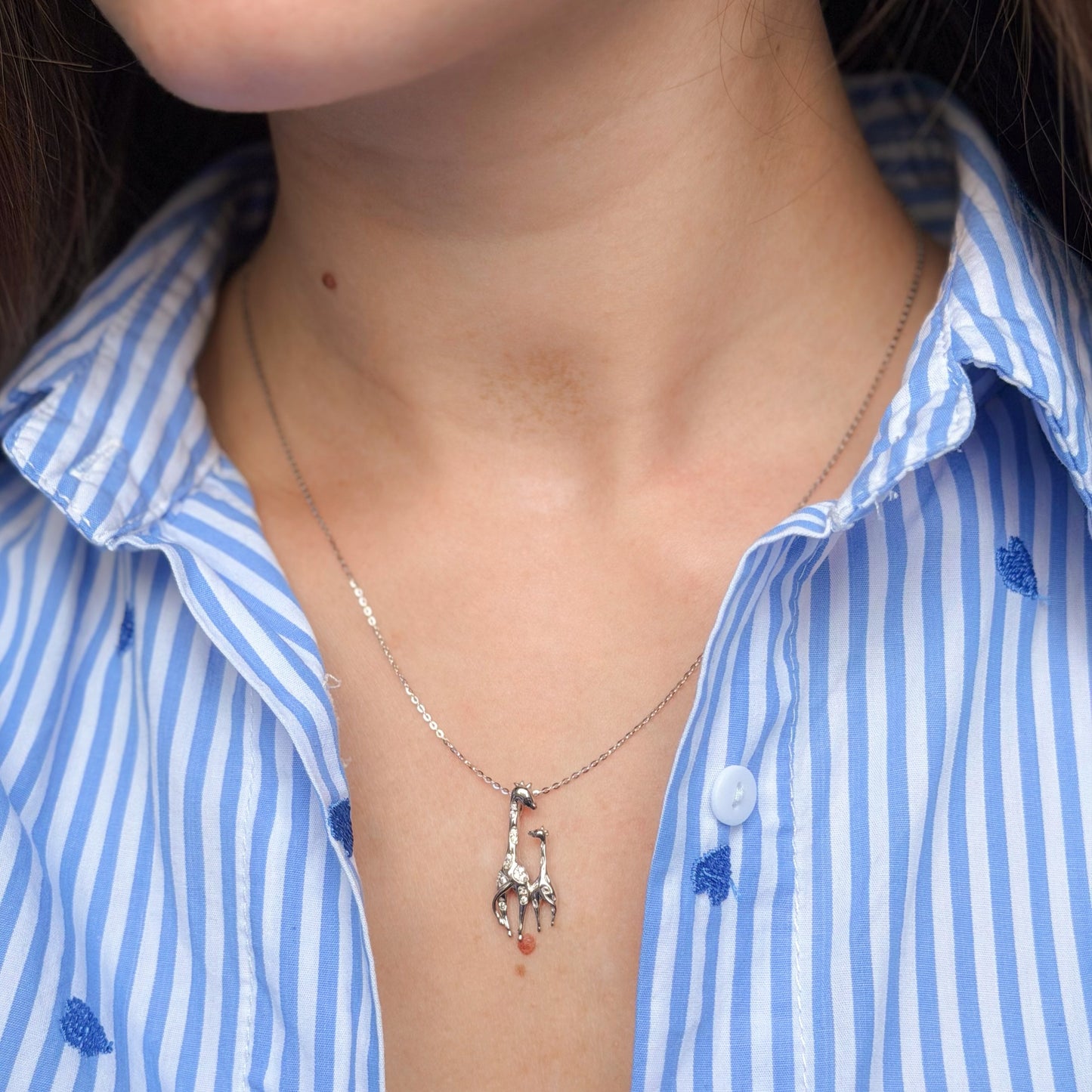 Sterling Silver Rhodium Plated CZ Giraffe Necklace