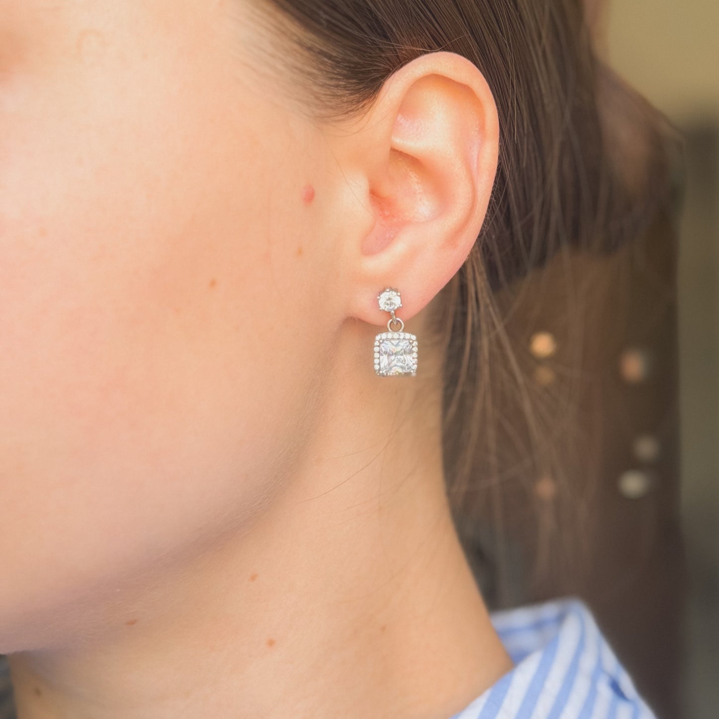 Sterling Silver Rhodium Plated CZ Drop Earrings