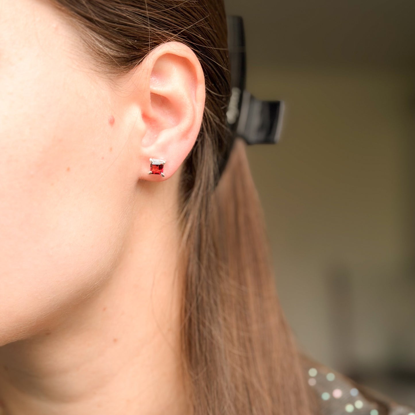 Sterling Silver Square Garnet Studs