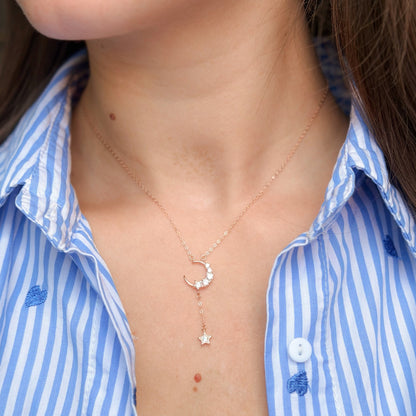 Sterling Silver Rose Gold Plated CZ Moon Necklace