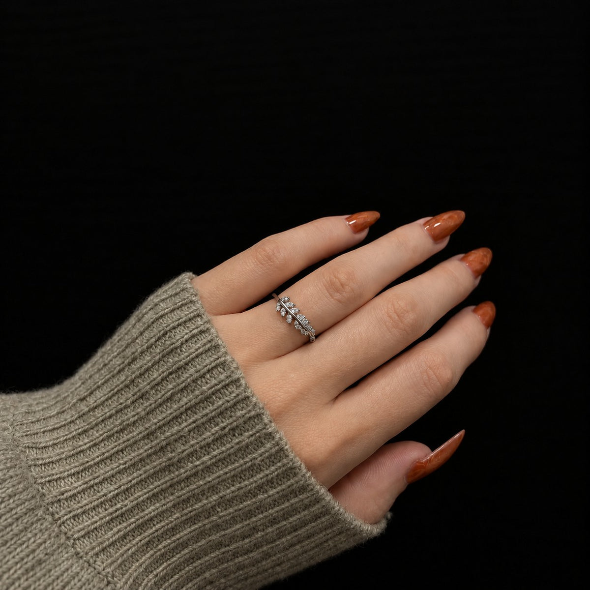 Sterling Silver Rhodium Plated Leaf Ring