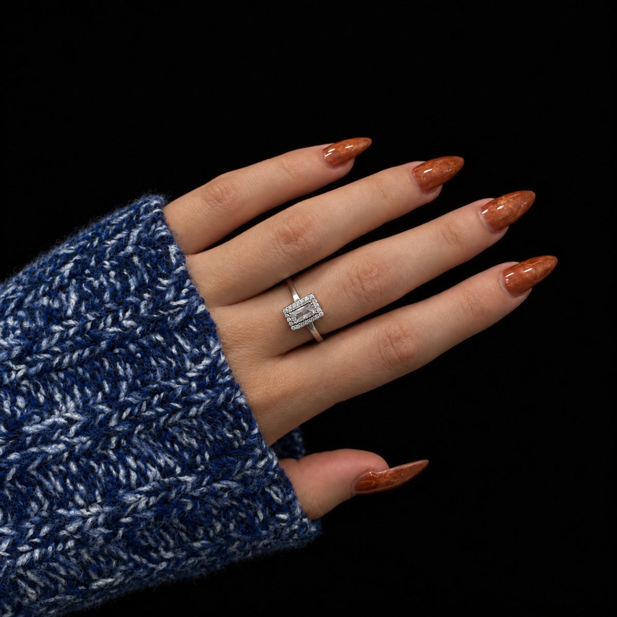 Sterling Silver Rhodium Plated Rectangle CZ Ring